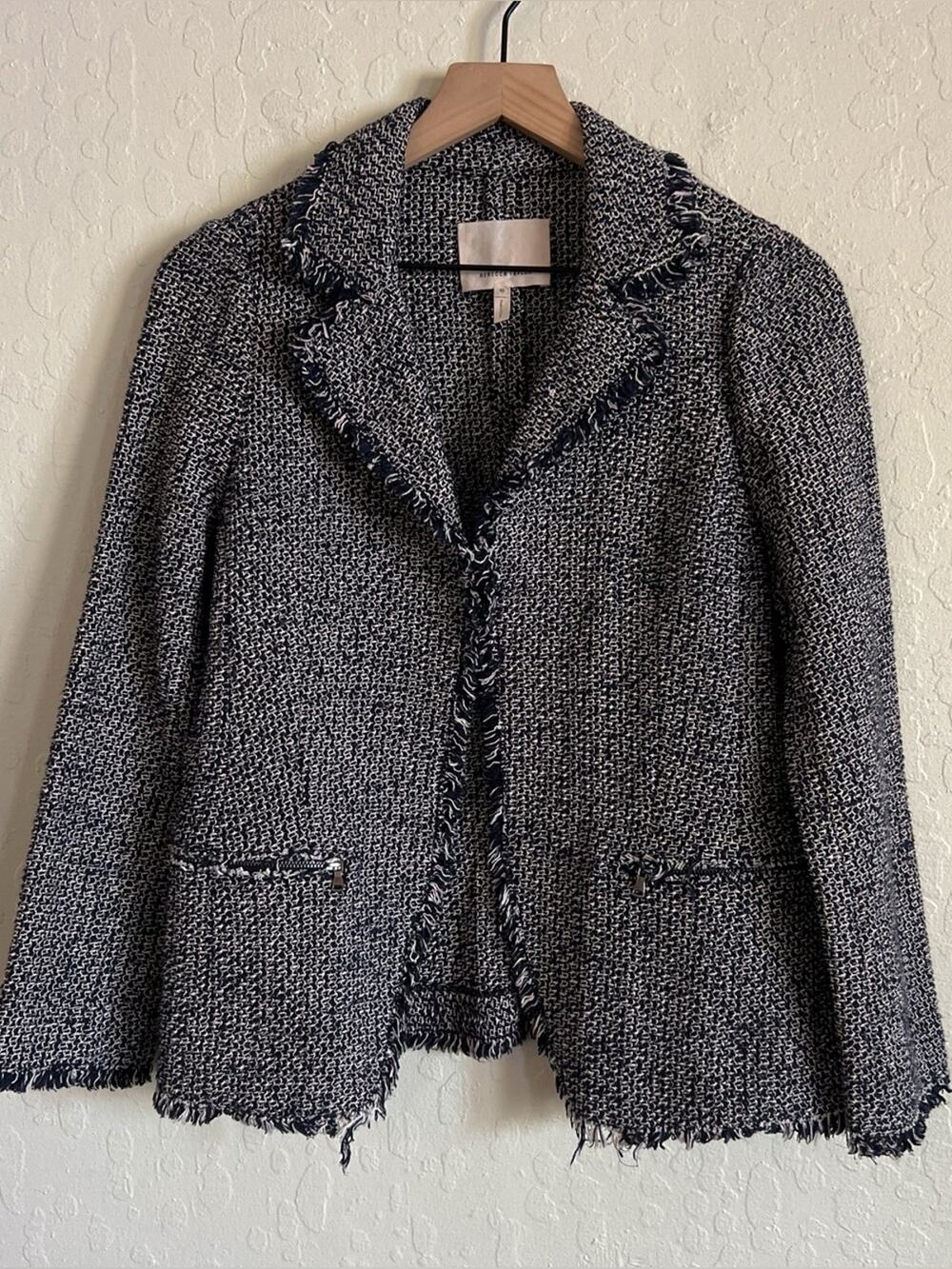 Rebecca Taylor Cotton Tweed Fringe Trim Open Front Blazer Jacket 10 Navy Blue